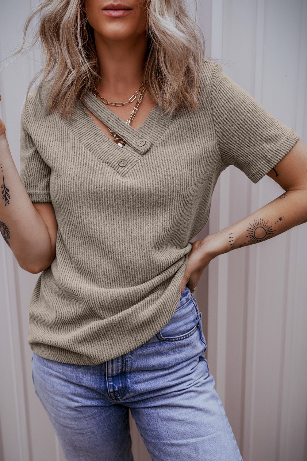 Pale Khaki Ribbed Buttoned Strappy V Neck Tee