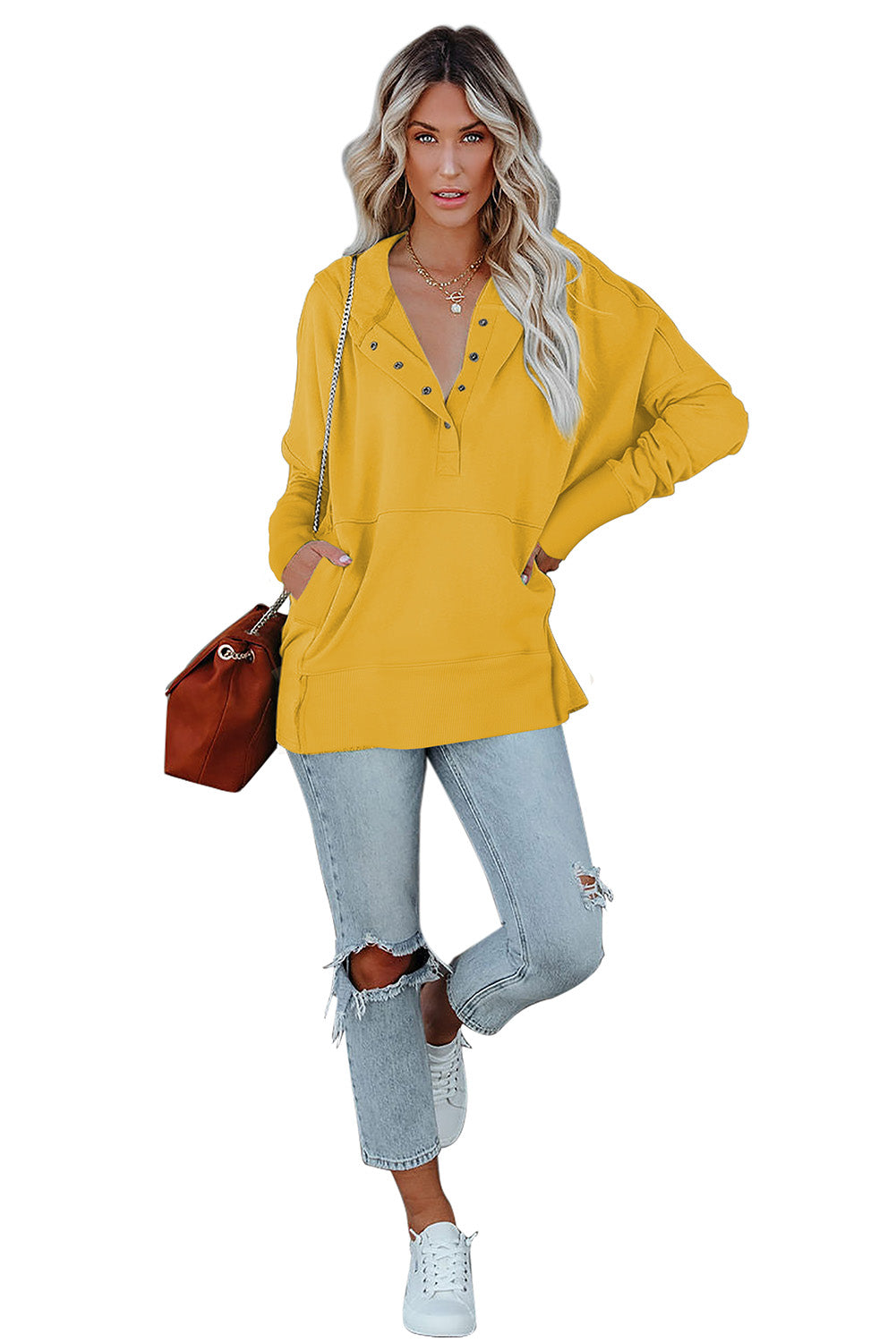 Yellow Batwing Sleeve Pocketed Henley Hoodie