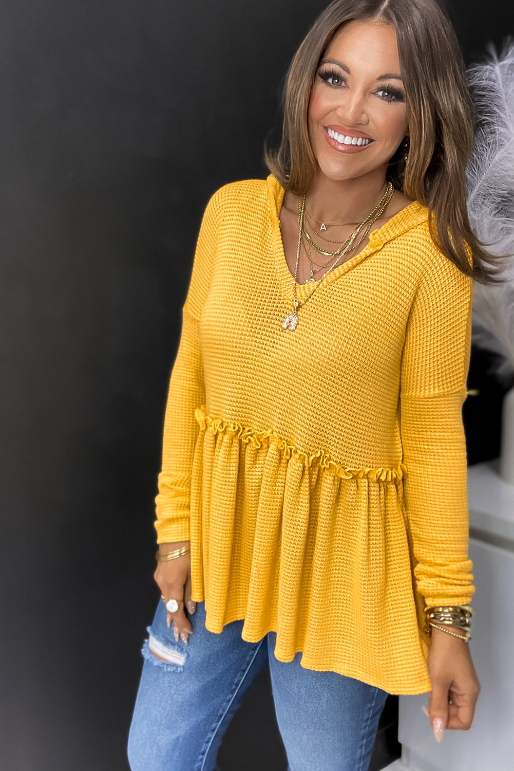 Yellow V Neck Drop Shoulder Hooded Flowy Top with Frill