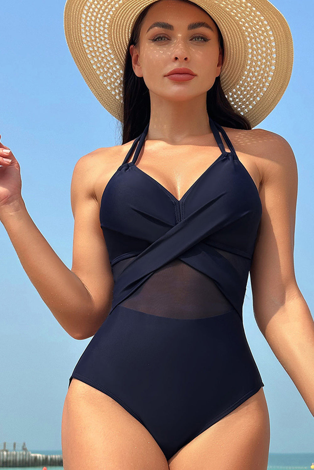 Navy Blue Halter Mesh Insert Cross Front One-Piece Swimsuit