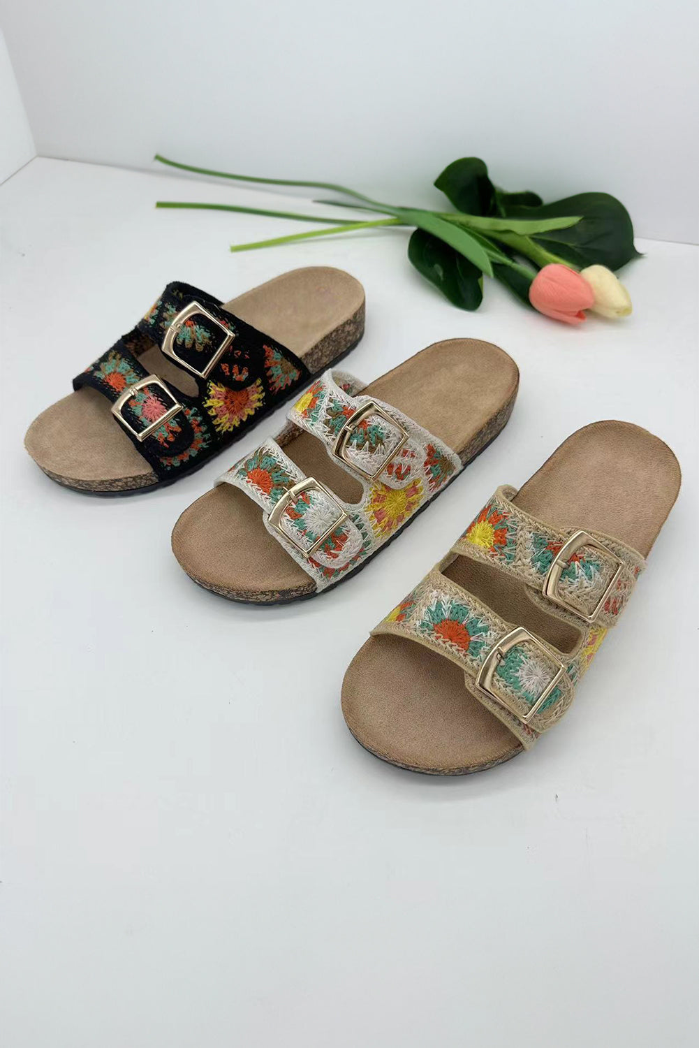 White Woven Sunflower Buckle Strap Slides Shoes