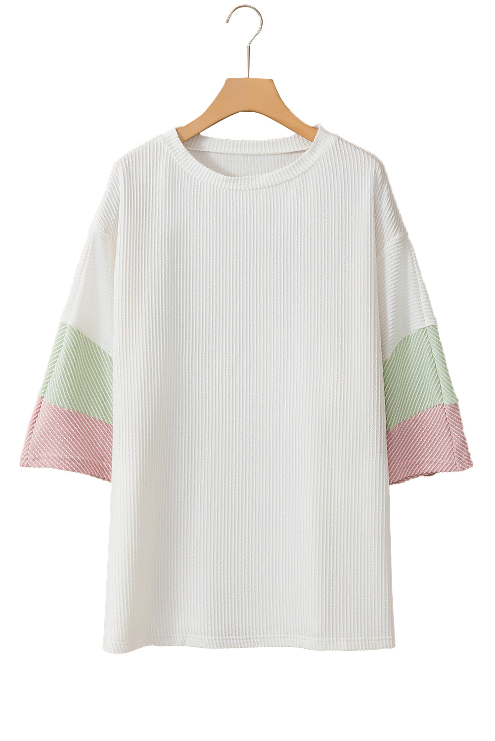 White Textured Colorblock Patchwork Half Sleeve Plus T Shirt