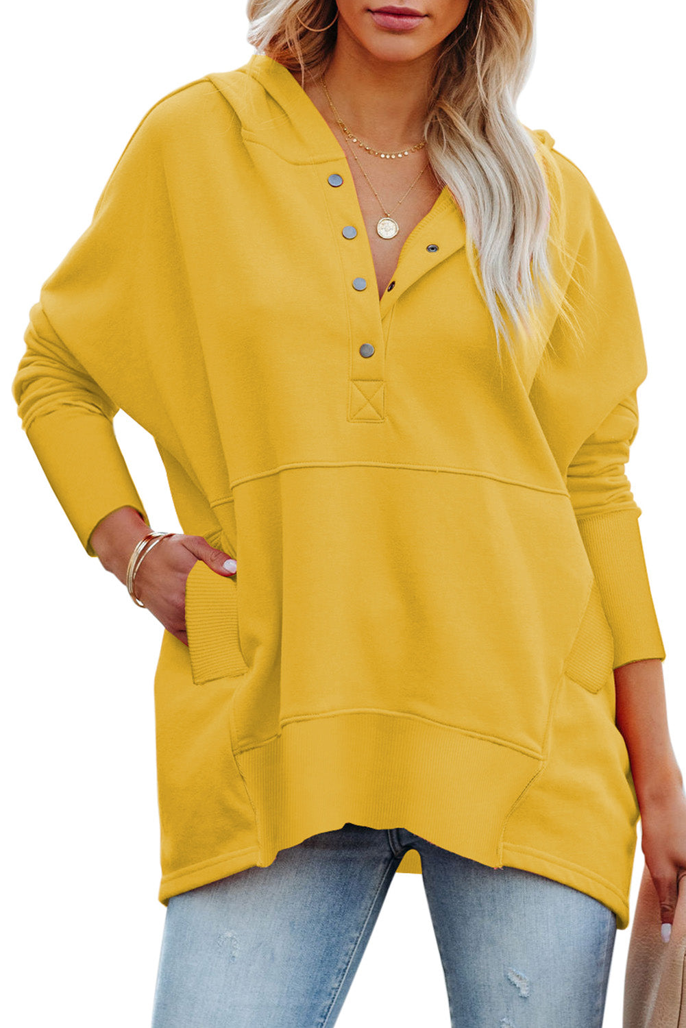 Yellow Batwing Sleeve Pocketed Henley Hoodie