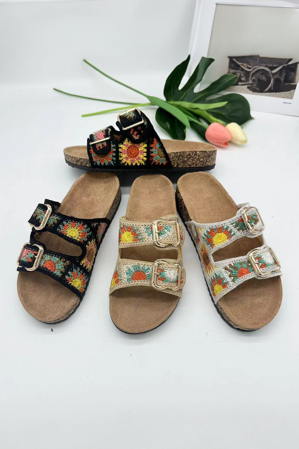 White Woven Sunflower Buckle Strap Slides Shoes