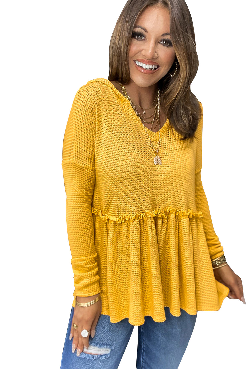 Yellow V Neck Drop Shoulder Hooded Flowy Top with Frill