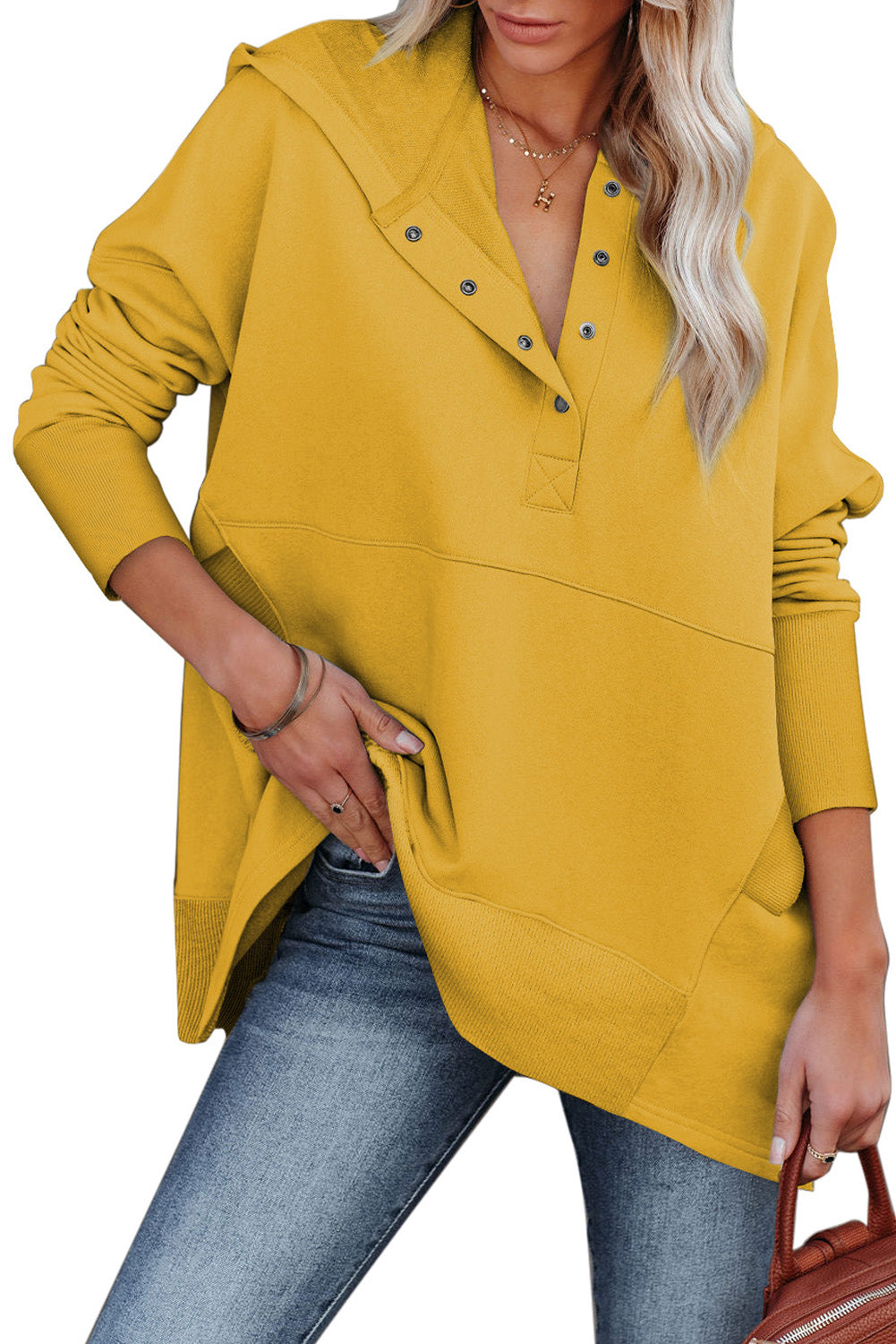 Yellow Batwing Sleeve Pocketed Henley Hoodie