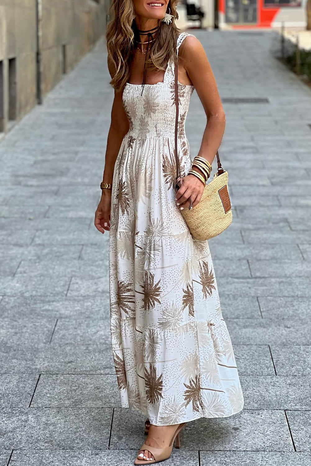 White Tropical Print Smocked Ruffled Straps Maxi Dress