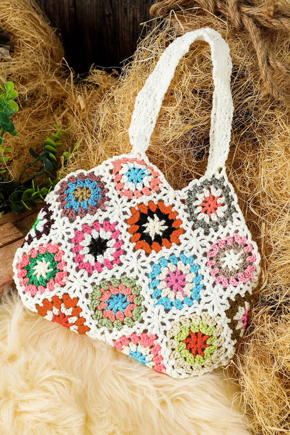 White Boho Floral Crochet Retro Hollowed Handbag