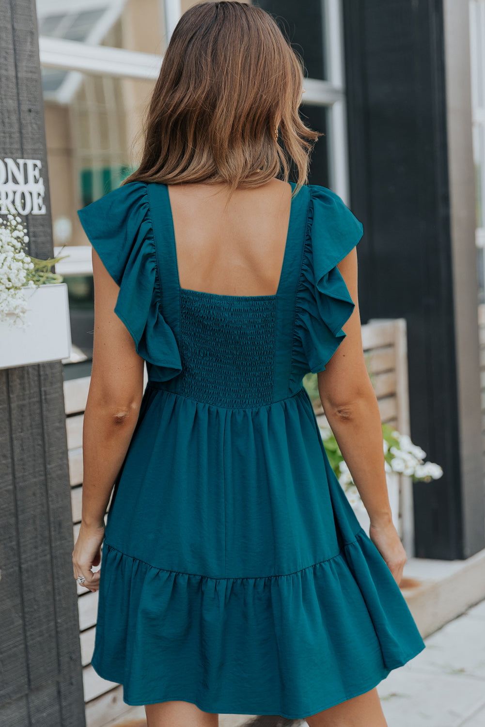 Blue Ruffle Trim V Neck Smocking Back Mini Dress