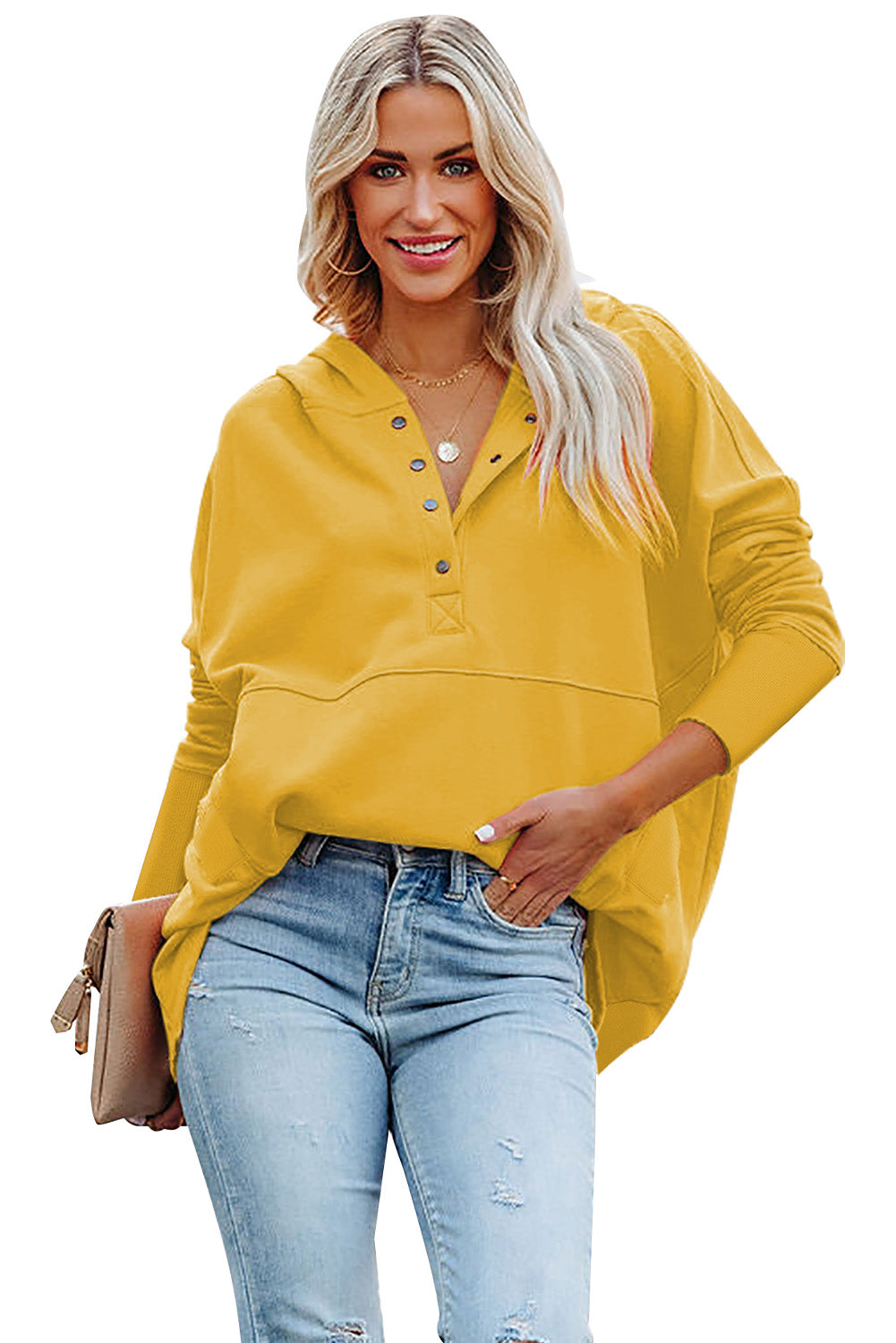 Yellow Batwing Sleeve Pocketed Henley Hoodie