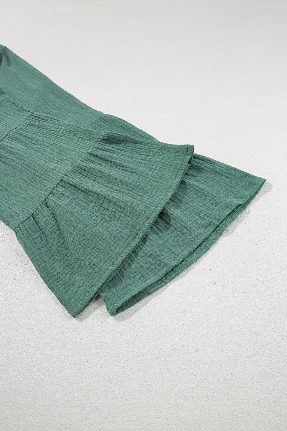 Green Textured High Waist Ruffled Bell Bottom Pants