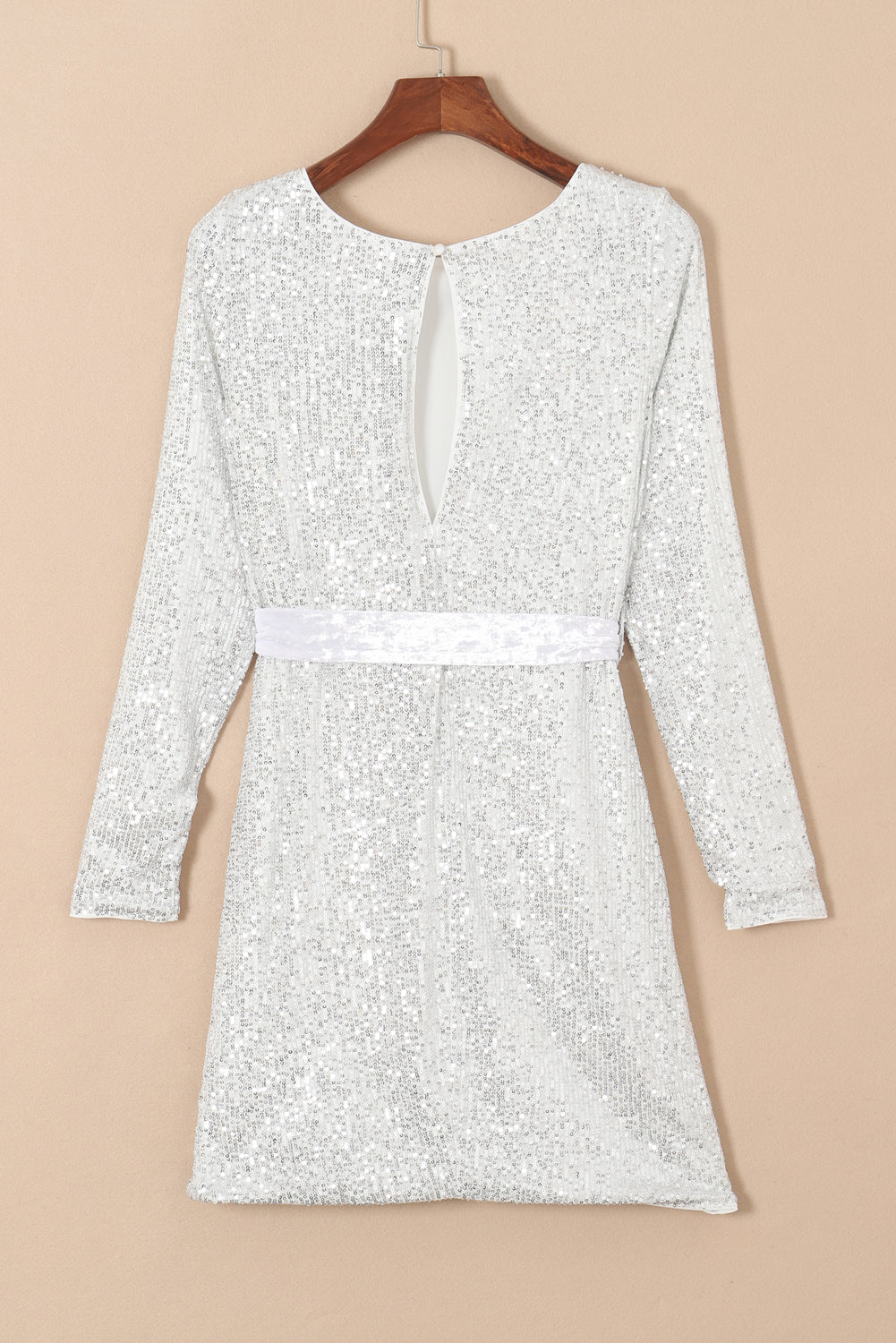 Silvery Sequin Long Sleeve Tie Waist Mini Dress