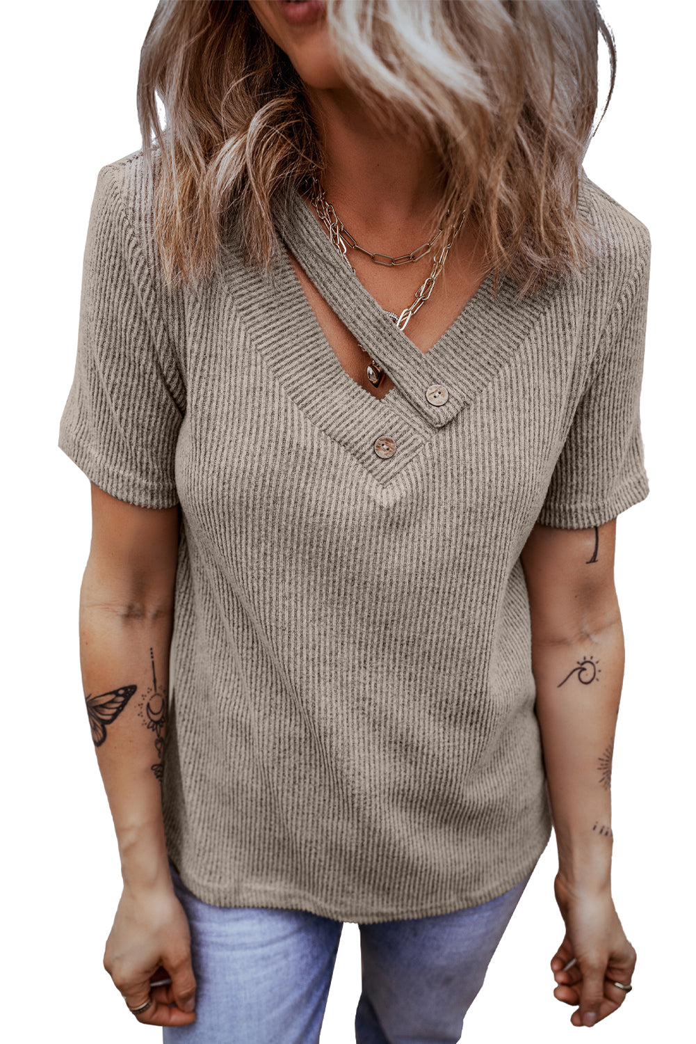 Pale Khaki Ribbed Buttoned Strappy V Neck Tee