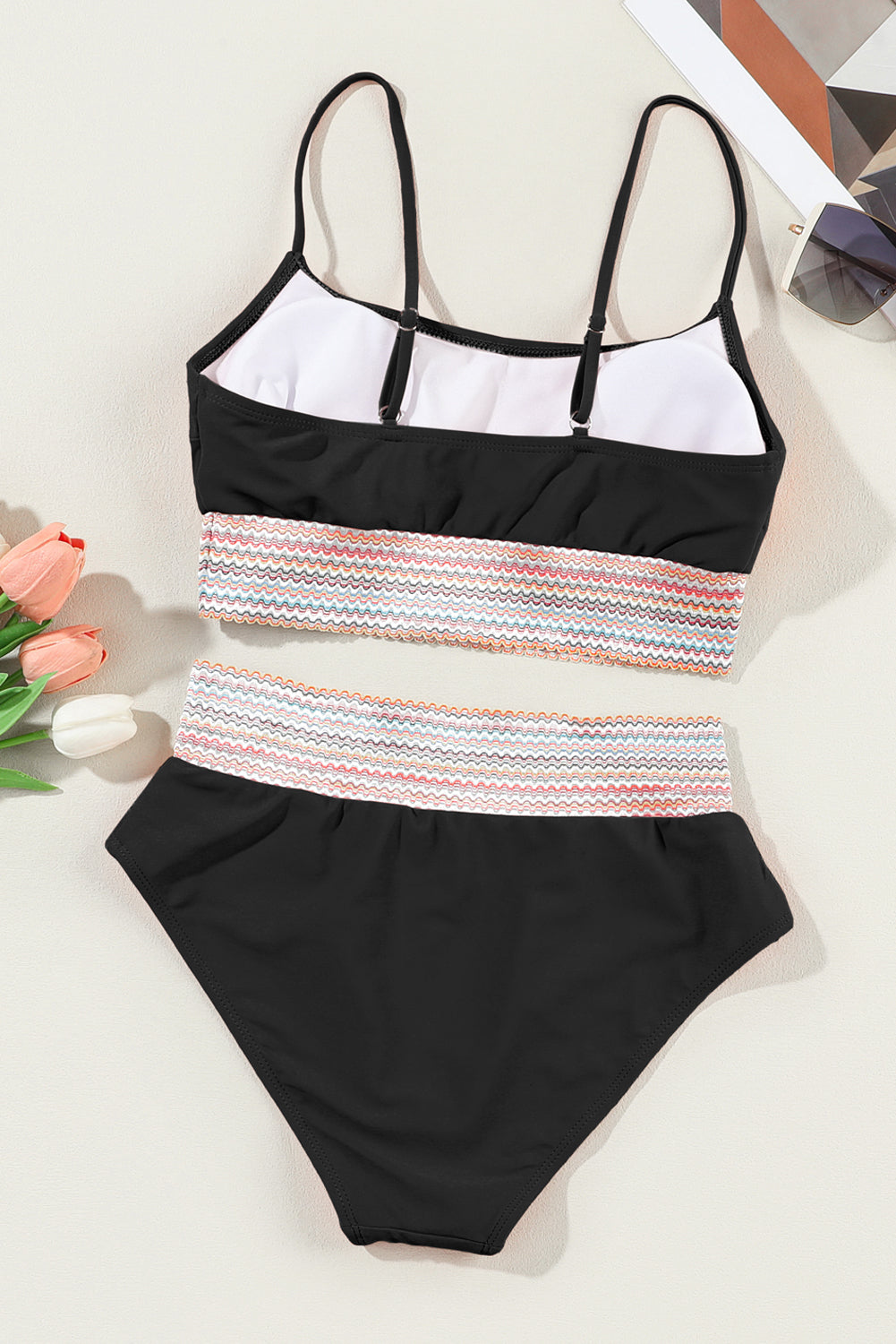 Black Striped Patchwork Spaghetti Strap High Waist Bikini Swimsuit