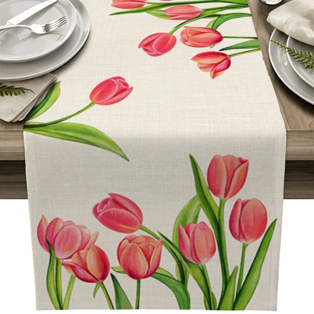 Spring Blue Tulip Flower Linen Table Runner Wedding Decoration Anti-stain   Dining  Holiday Party  Decor