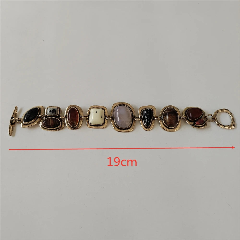 2024 New ZA Bohemian Ethnic Vintage Bracelets Women Fashion Golden Metal Hollow Link Charm Resin Indian Statement Bracelets