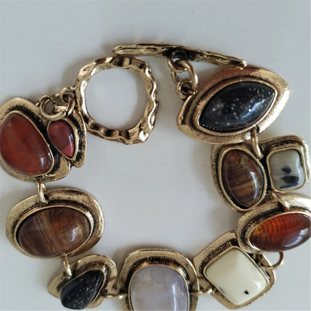 2024 New ZA Bohemian Ethnic Vintage Bracelets Women Fashion Golden Metal Hollow Link Charm Resin Indian Statement Bracelets