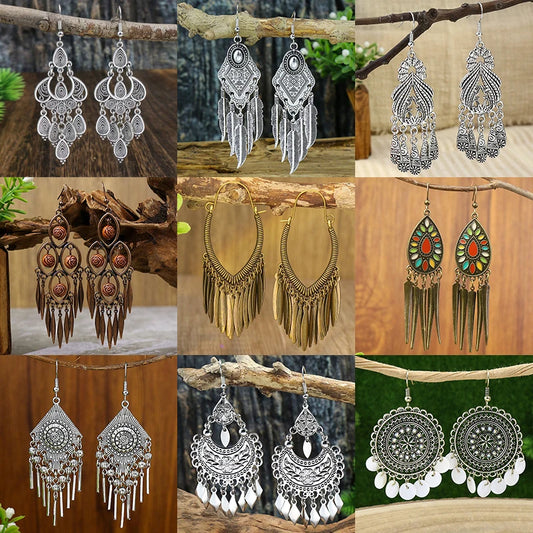 Vintage Bohemian Long Earrings For Women Big Statement Carved Geometric Tassel Boho Tibetan Silver Bronze Color Jewelry Earrings