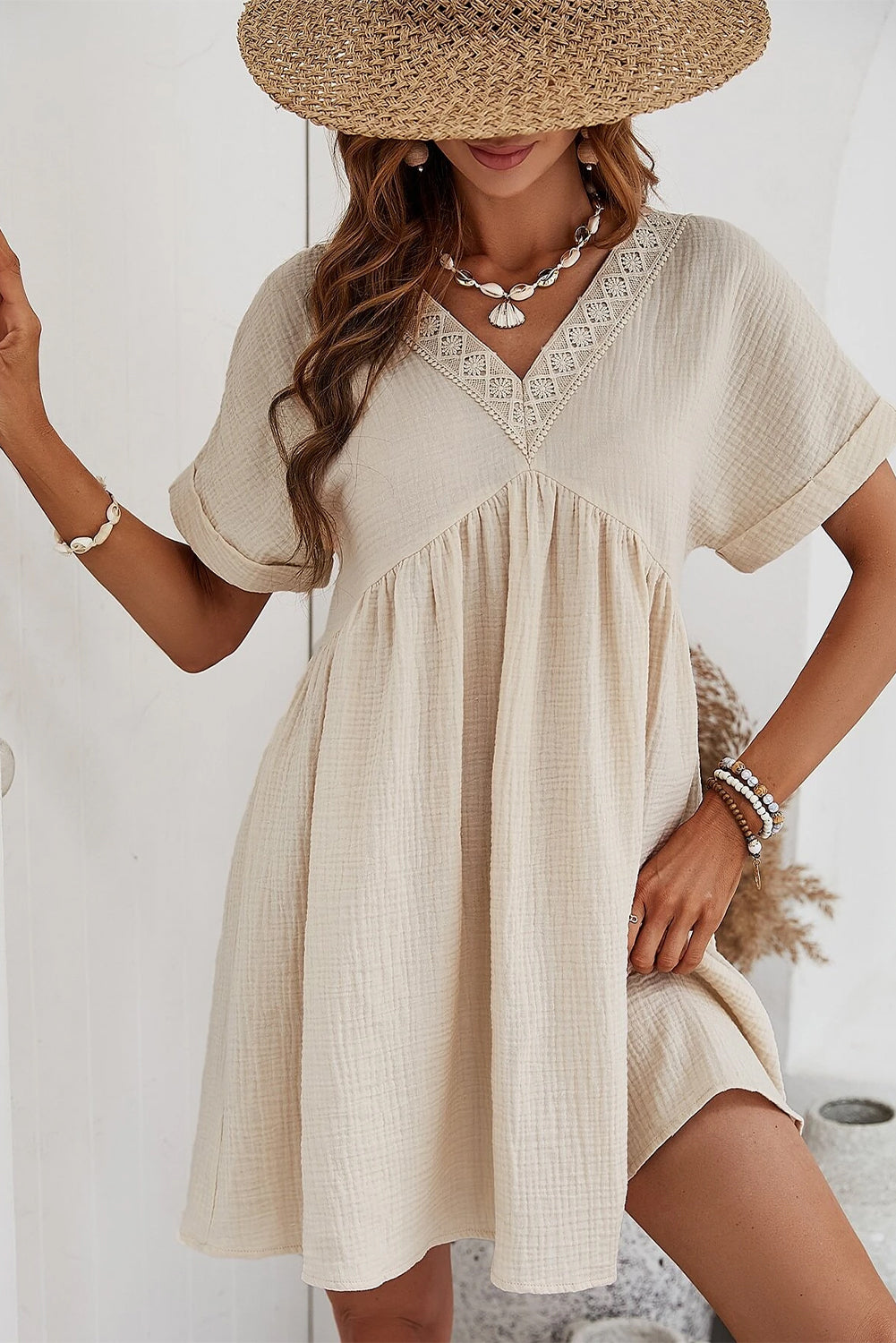 Beige Folded Short Sleeve Lace V Neck Mini Dress