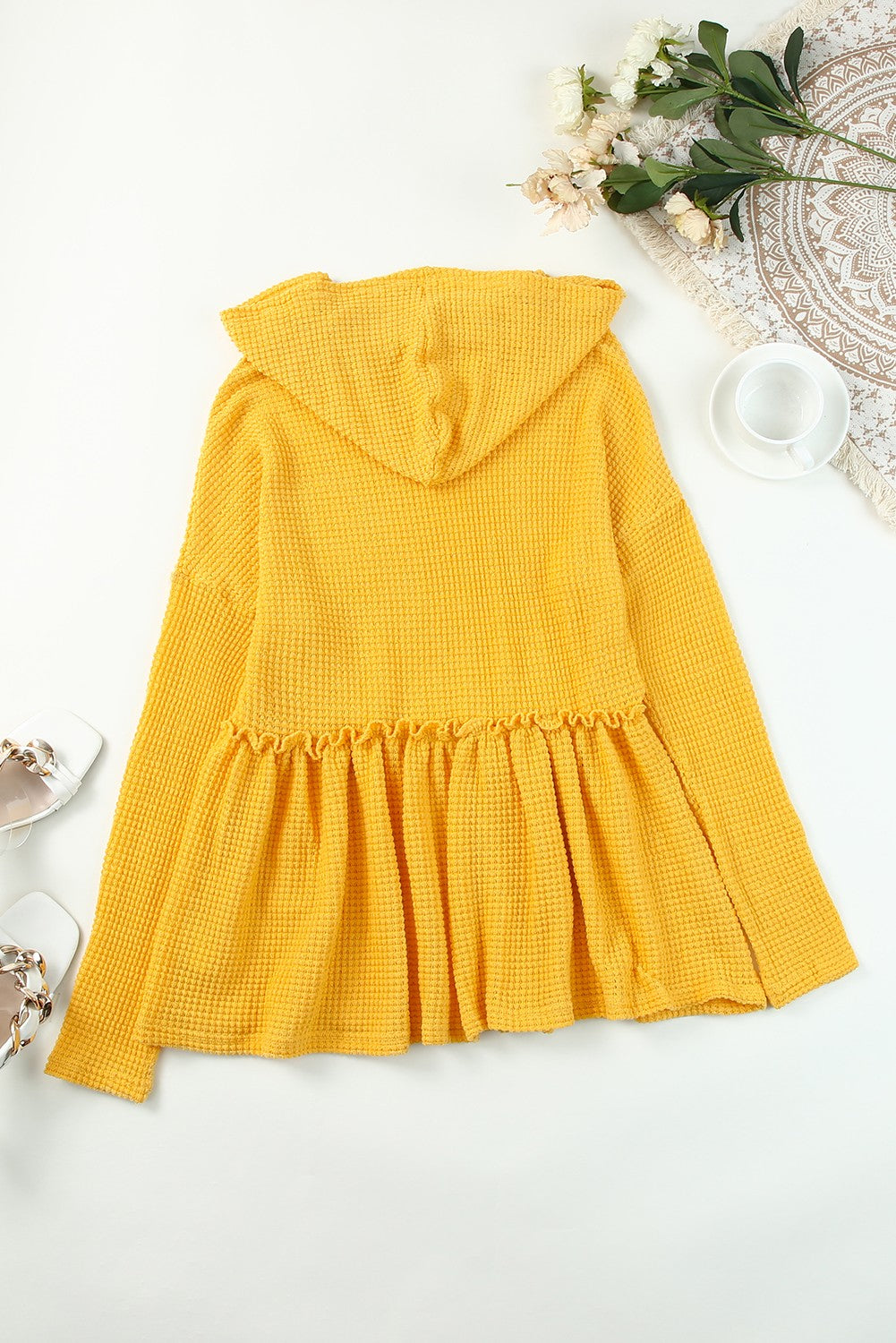 Yellow V Neck Drop Shoulder Hooded Flowy Top with Frill