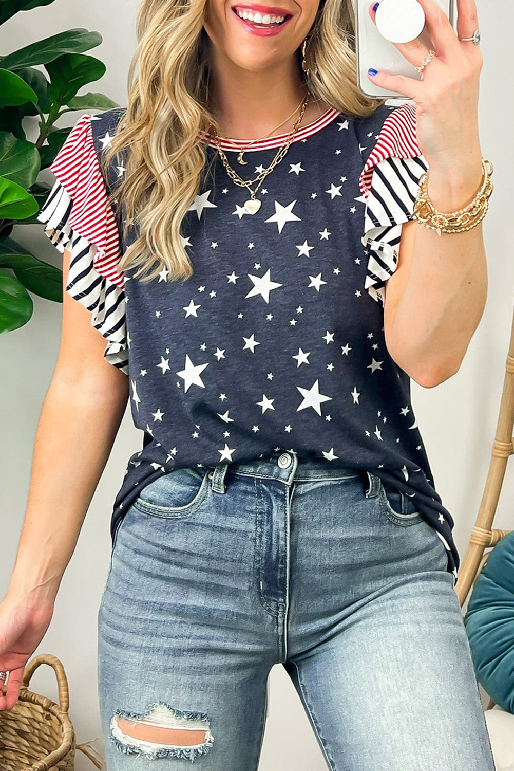 Gray Striped Ruffled Sleeve Star Print T Shirt