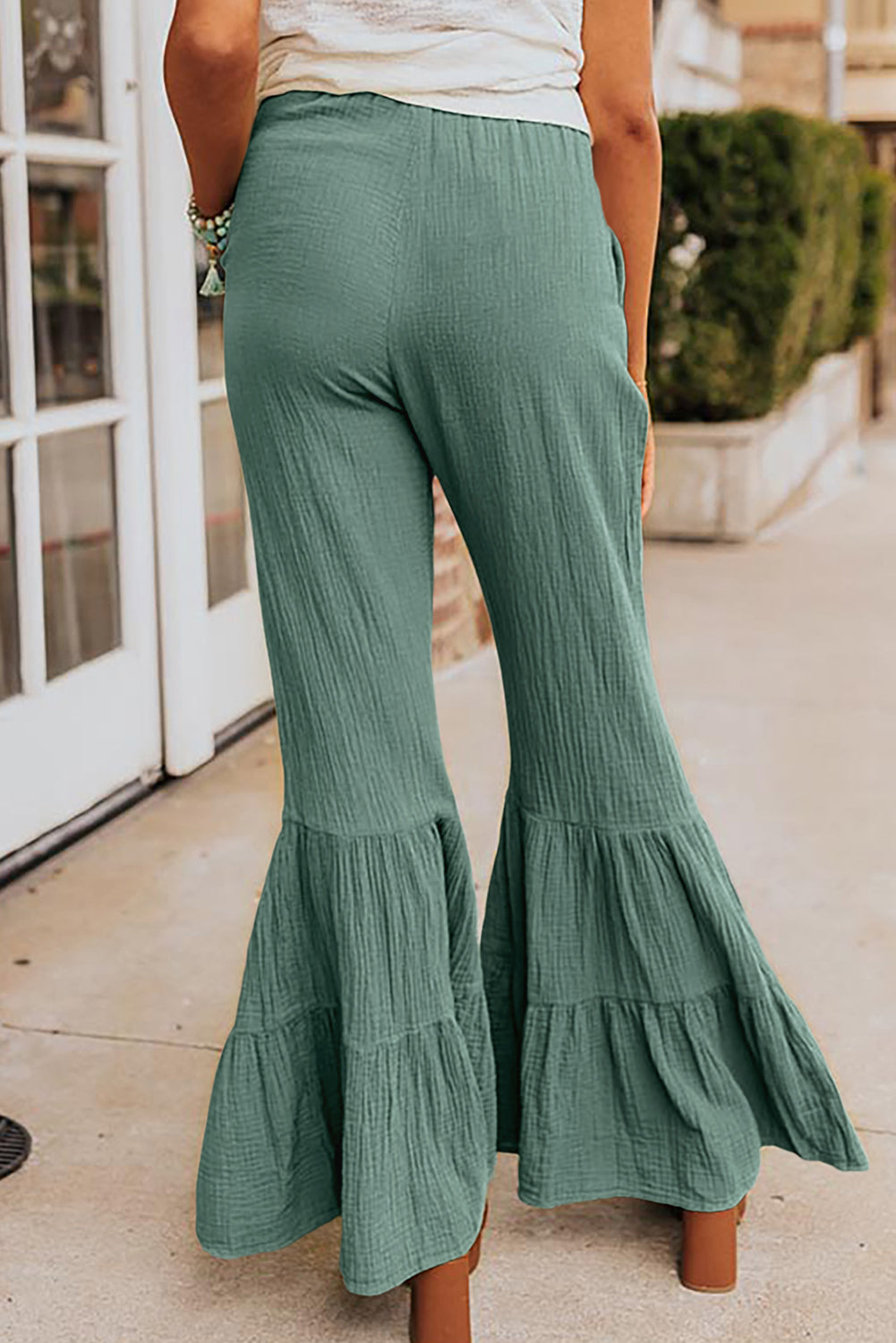 Green Textured High Waist Ruffled Bell Bottom Pants