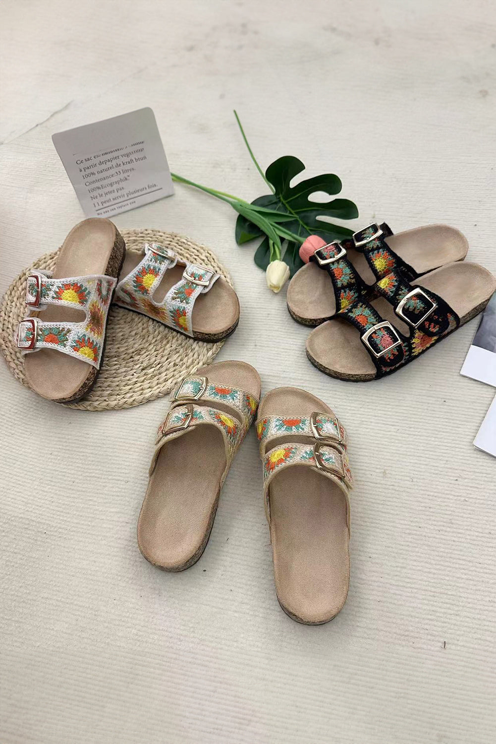 White Woven Sunflower Buckle Strap Slides Shoes