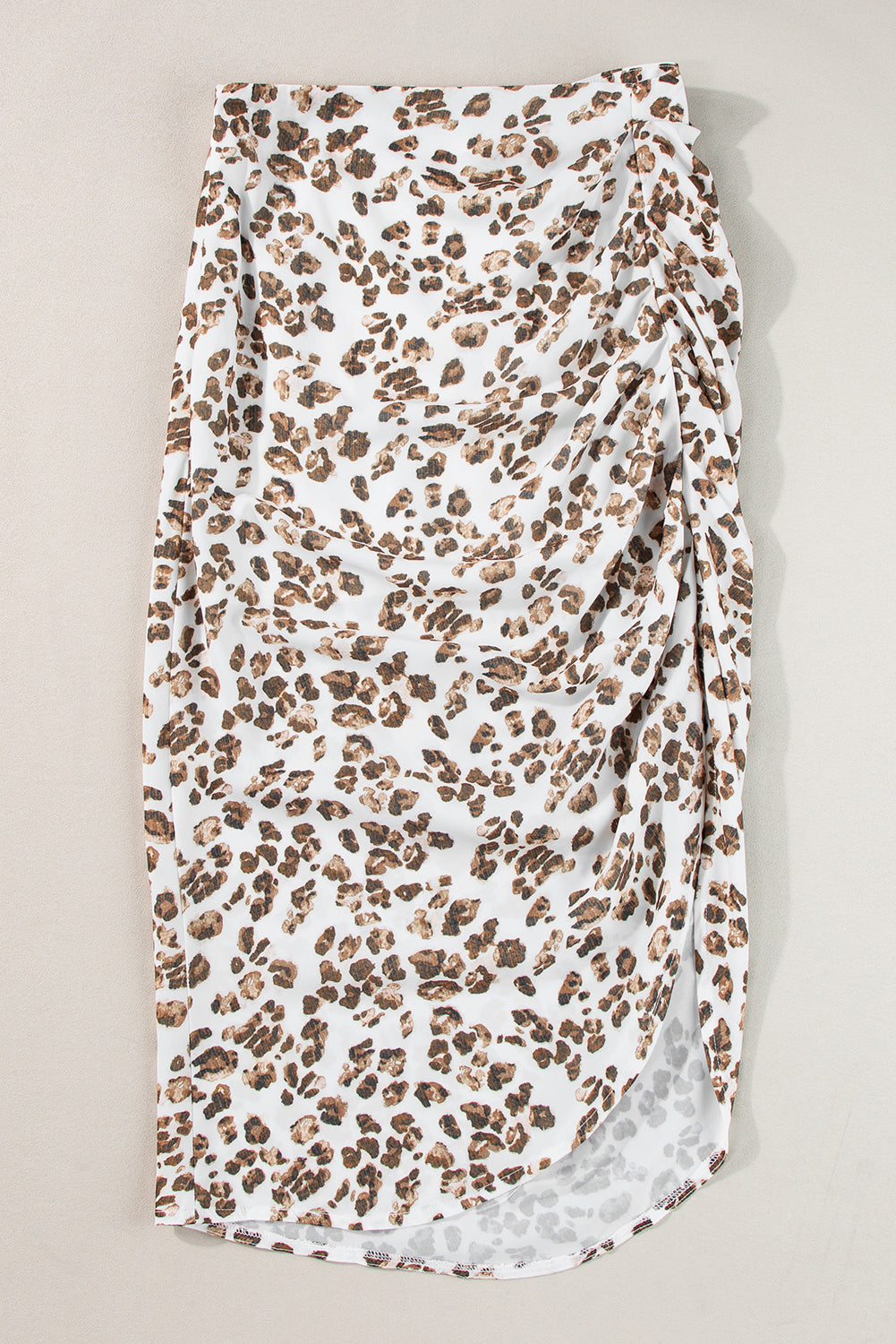 Khaki Leopard Print Size Spit Ruched Midi Skirt