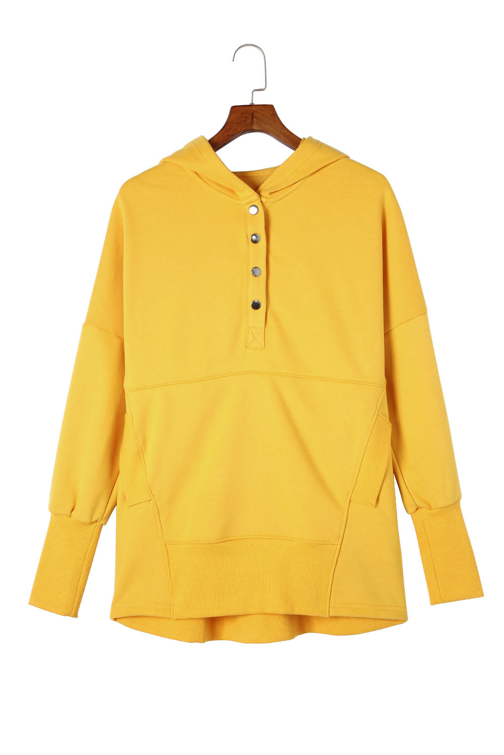 Yellow Batwing Sleeve Pocketed Henley Hoodie