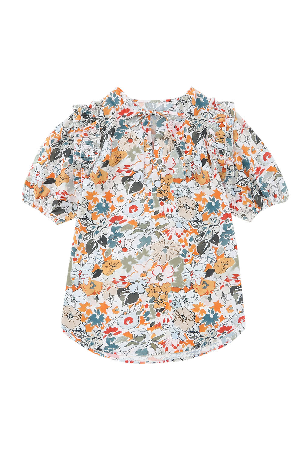 Multicolor Split V Neck Puff Sleeve Flower Print Blouse