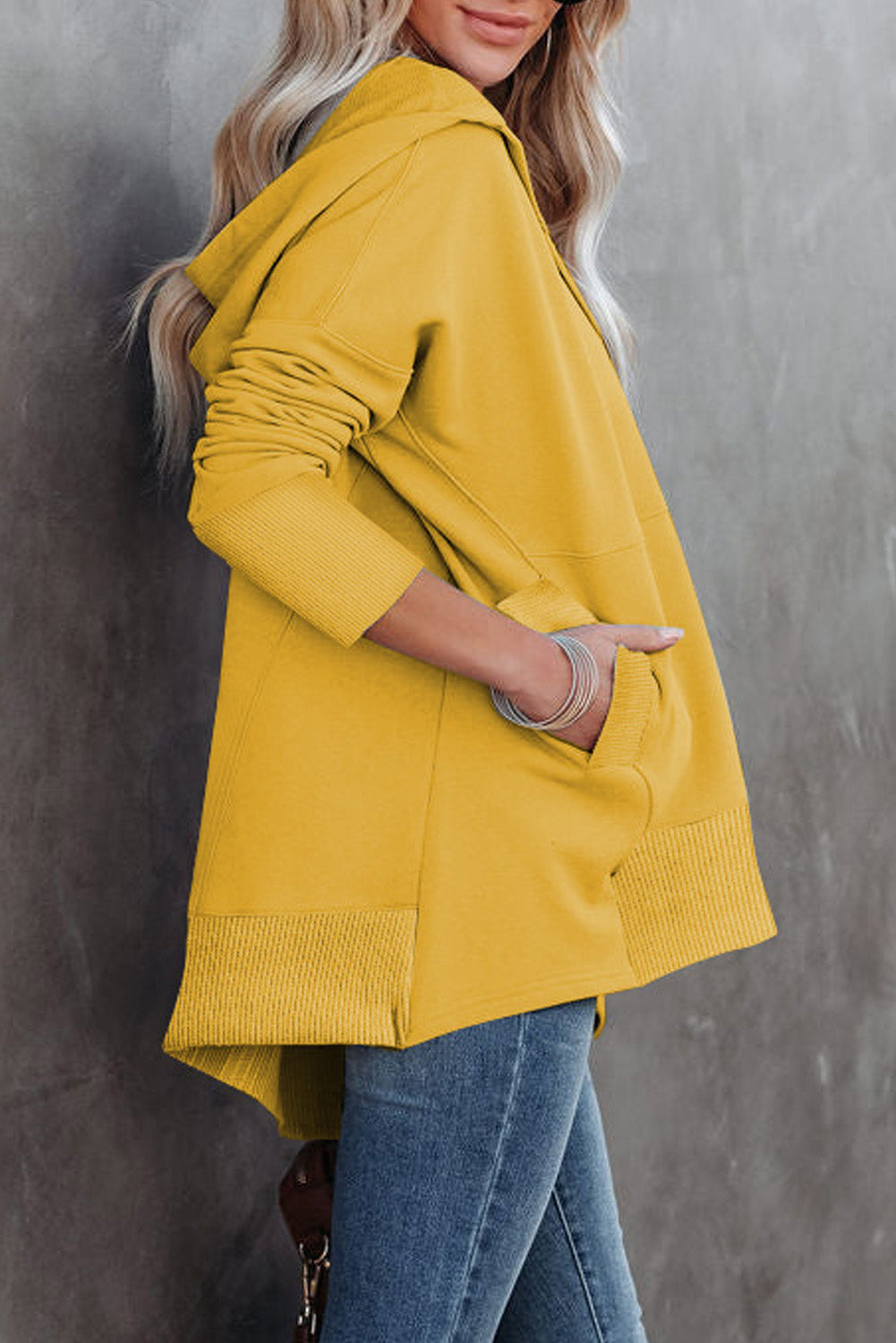 Yellow Batwing Sleeve Pocketed Henley Hoodie