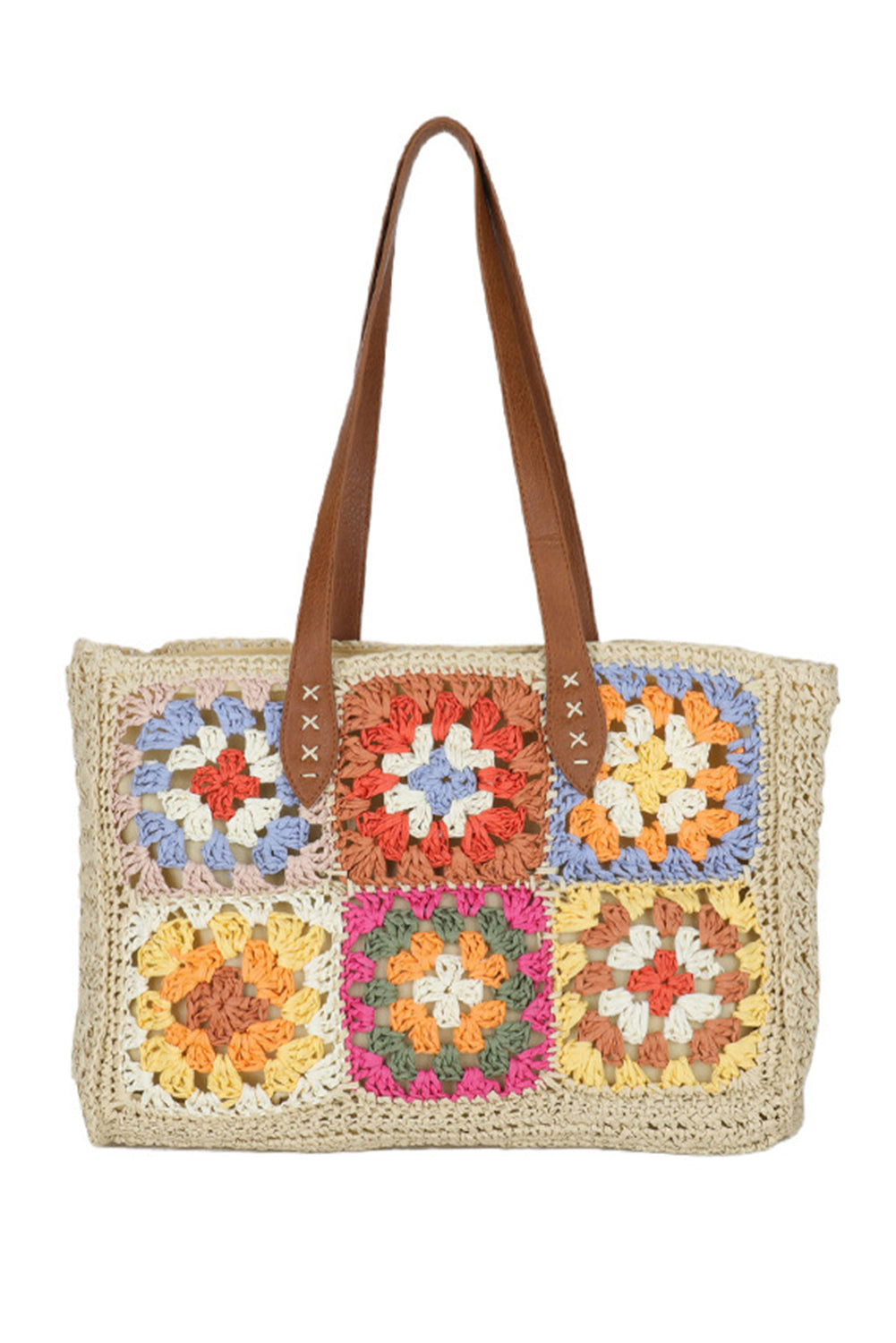 Beige Floral Crochet Large Square Tote Bag